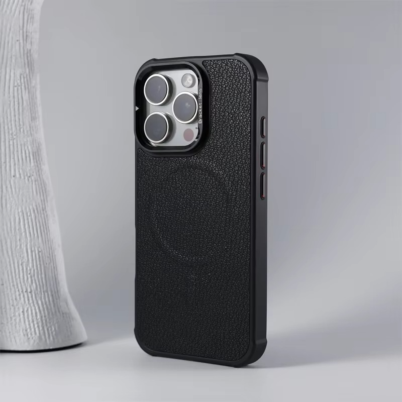 Premium MagSafe Magnetic iPhone Case — Metal Lens Kickstand, Leather Texture Grip, Shockproof Anti-Fingerprint Matte Protective Cover