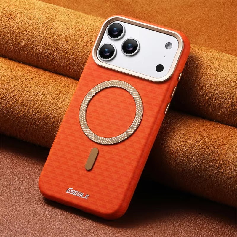 Premium Magnetic Leather iPhone Case MagSafe Compatible Shockproof Fiber Texture Cover with Anti-Fingerprint Grip & Wireless Charging Support