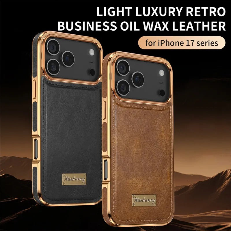 Premium Magnetic iPhone Case with Retro Oil-Wax Leather — Strong Metal Button Grip, Shockproof Full-Coverage Plating, Anti-Fingerprint & Scratch-Resistant Design