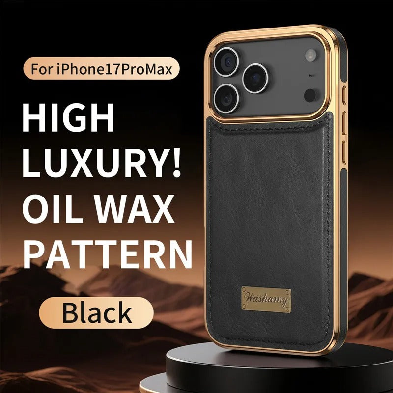 Premium Magnetic iPhone Case with Retro Oil-Wax Leather — Strong Metal Button Grip, Shockproof Full-Coverage Plating, Anti-Fingerprint & Scratch-Resistant Design