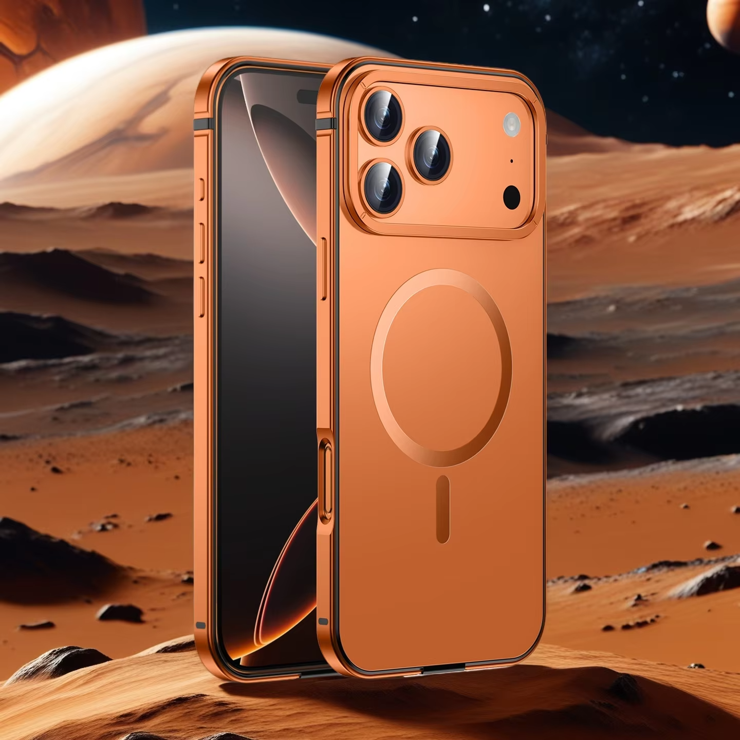 Premium iPhone Case — Orange Aluminum Alloy MagSafe Compatible Hard Shockproof Matte Cover with Magnetic Glass Protection, Anti-Scratch, Lightweight Design