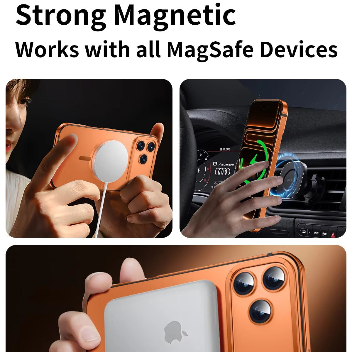 Premium iPhone Case — Orange Aluminum Alloy MagSafe Compatible Hard Shockproof Matte Cover with Magnetic Glass Protection, Anti-Scratch, Lightweight Design