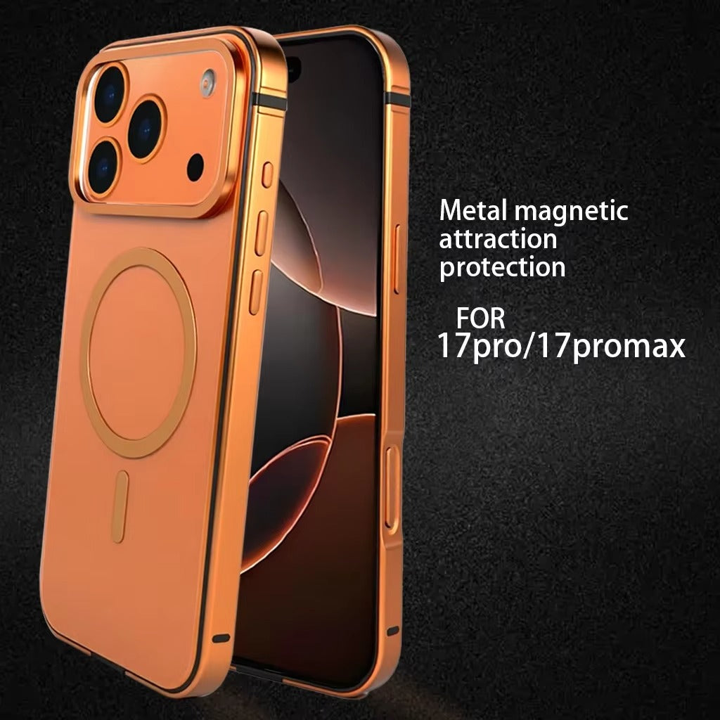 Premium iPhone Case — Orange Aluminum Alloy MagSafe Compatible Hard Shockproof Matte Cover with Magnetic Glass Protection, Anti-Scratch, Lightweight Design