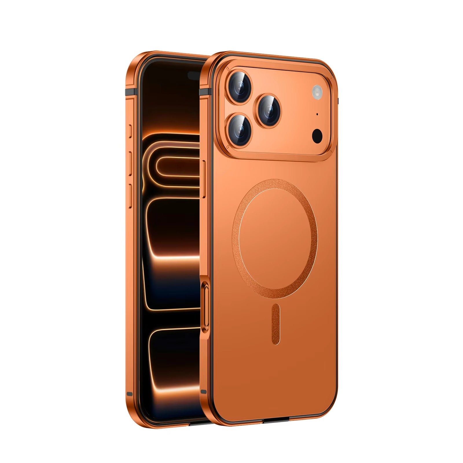 Premium iPhone Case — Orange Aluminum Alloy MagSafe Compatible Hard Shockproof Matte Cover with Magnetic Glass Protection, Anti-Scratch, Lightweight Design