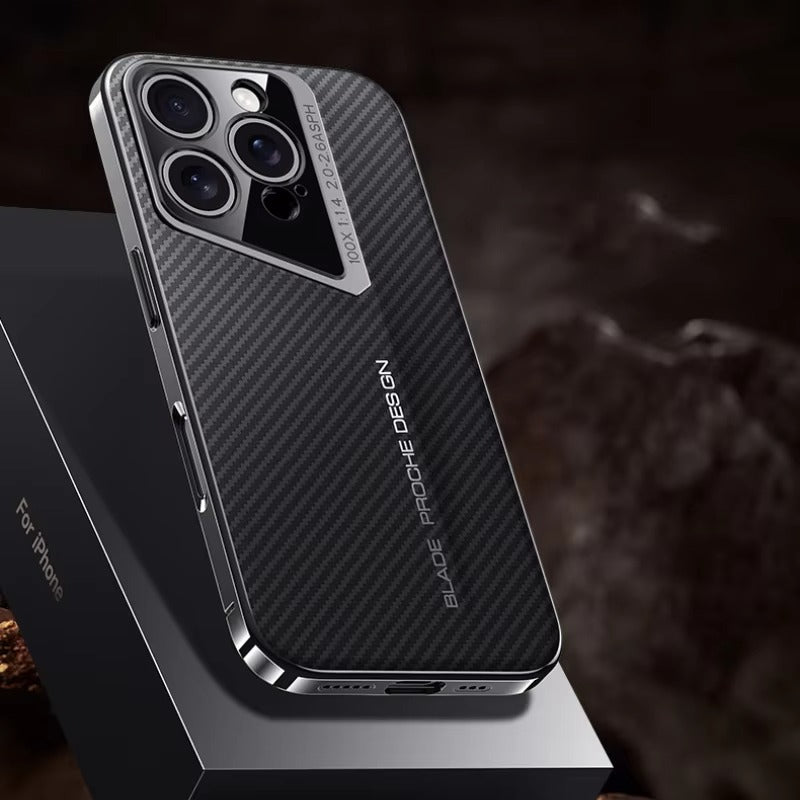 Premium iPhone Case — Carbon Fiber Fighter-Style Electroplated Protective Cover with Magnetic Shockproof Design, Anti-Fingerprint Non-Slip Full-Coverage Build