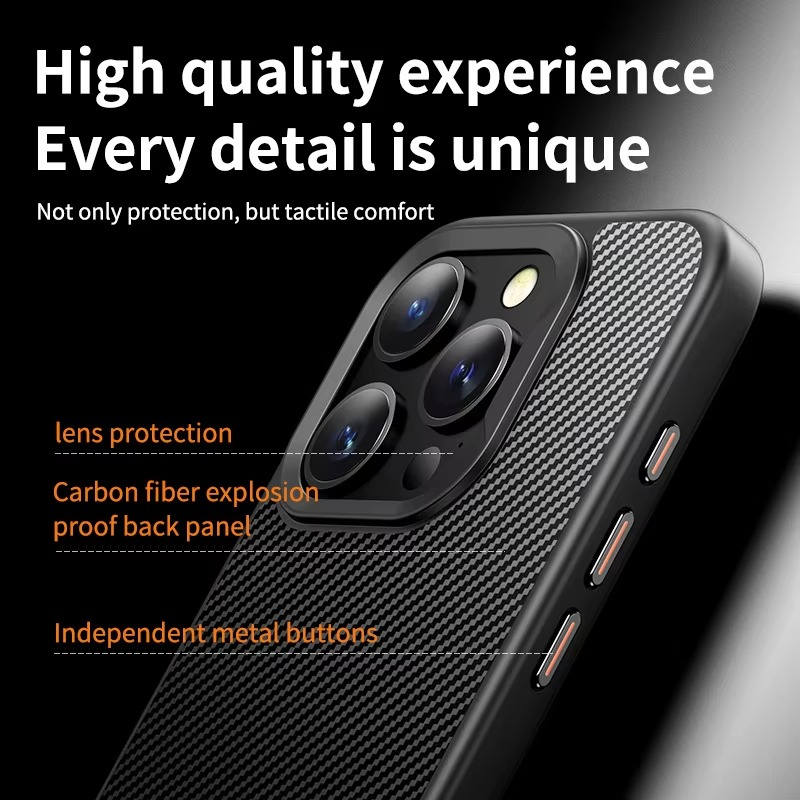 Premium iPhone Case — Carbon Fiber Full-Coverage Cover with Magnetic Stand, Removable Lens Protector, Anti-Fingerprint Shockproof PC+TPU Design & MagSafe Compatibility