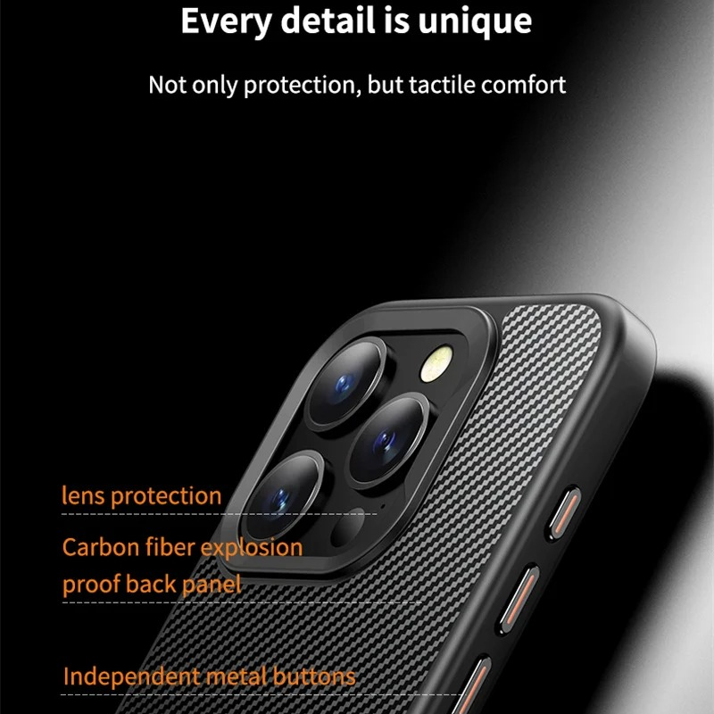 Premium iPhone Case — Carbon Fiber Full-Coverage Cover with Magnetic Stand, Removable Lens Protector, Anti-Fingerprint Shockproof PC+TPU Design & MagSafe Compatibility