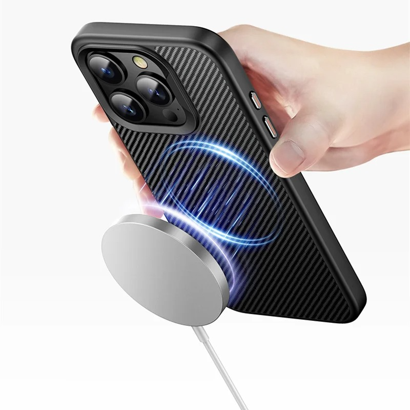 Premium iPhone Case — Carbon Fiber Full-Coverage Cover with Magnetic Stand, Removable Lens Protector, Anti-Fingerprint Shockproof PC+TPU Design & MagSafe Compatibility