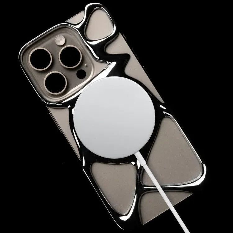Premium iPhone Case — Hollow Electroplated Magnetic Cover with Shockproof Tough PC Design & Silver Plated Protective Frame