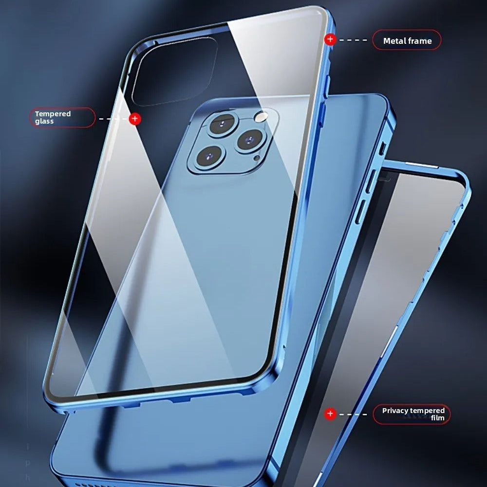Premium iPhone Case — Magnetic Double-Sided Glass Cover with Privacy-Protecting Metal Frame and Shockproof Design