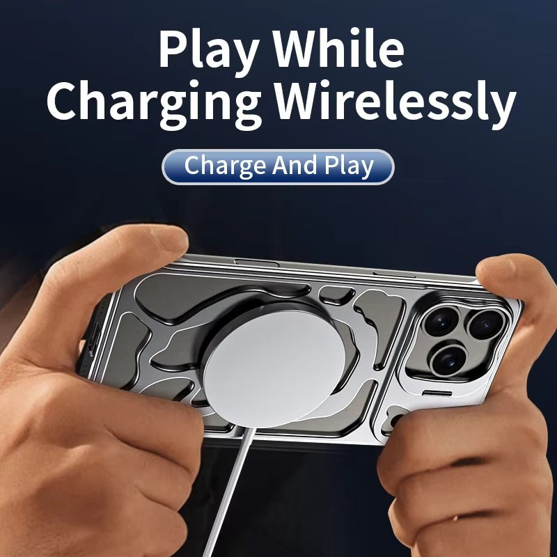 Premium iPhone Case — Magnetic Hollow Metal Cover with Breathable Heat-Dissipating Design and Built-In Stand Bracket