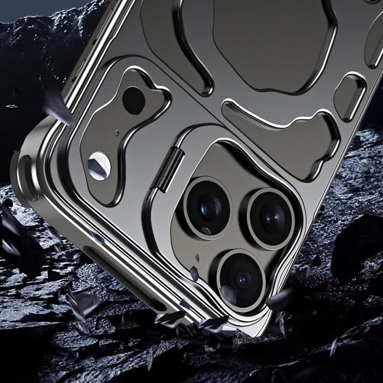 Premium iPhone Case — Magnetic Hollow Metal Cover with Breathable Heat-Dissipating Design and Built-In Stand Bracket