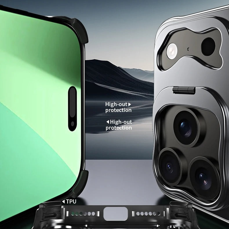 Premium iPhone Case — Magnetic Hollow Metal Cover with Breathable Heat-Dissipating Design and Built-In Stand Bracket