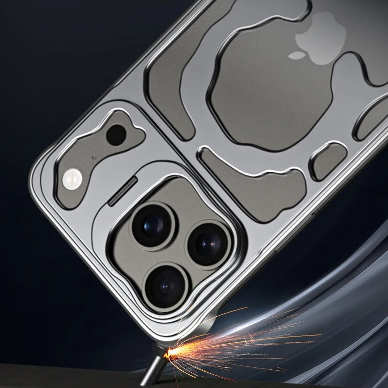 Premium iPhone Case — Magnetic Hollow Metal Cover with Breathable Heat-Dissipating Design and Built-In Stand Bracket