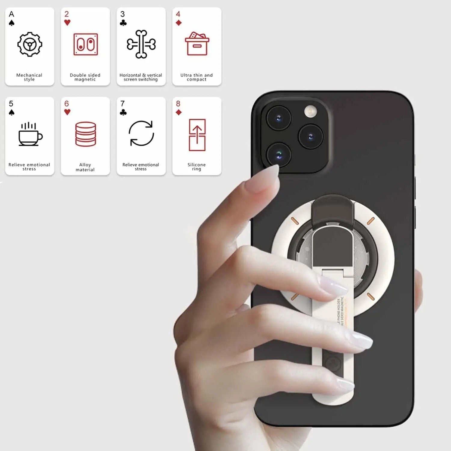 Premium iPhone MagSafe Phone Grip Stand, 3-in-1 Magnetic Finger Ring Holder with Double-Sided Aluminum Design for Secure Grip & Hands-Free Viewing