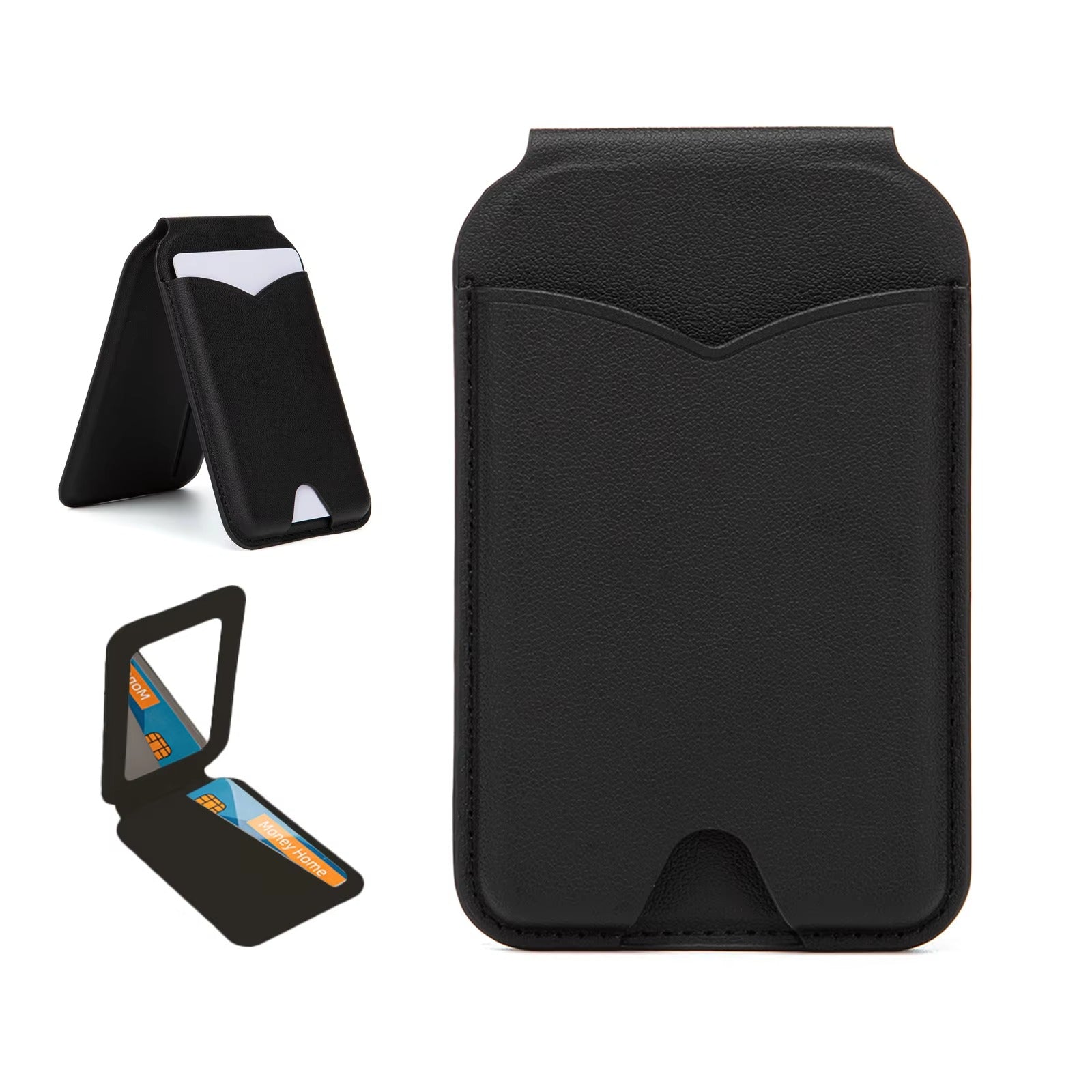 Refined iPhone Magnetic Wallet Stand with Mirror, MagSafe-Compatible PU Leather Card Holder with Adjustable Kickstand Design