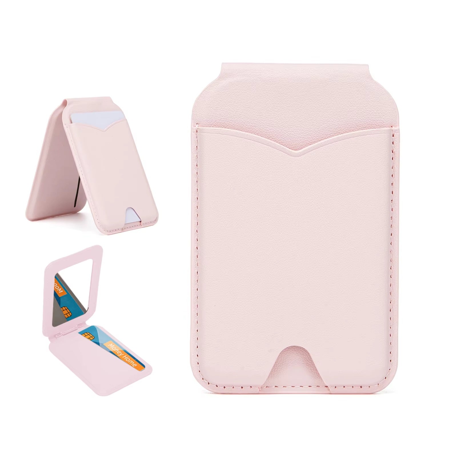 Refined iPhone Magnetic Wallet Stand with Mirror, MagSafe-Compatible PU Leather Card Holder with Adjustable Kickstand Design