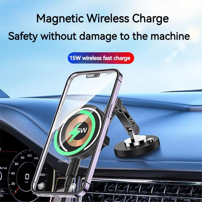 Rugged Magnetic Car Wireless Charger Stand, 15W Fast-Charge Metal Mount with 360° Rotation and Foldable Design