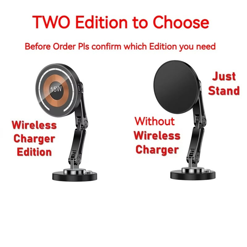 Rugged Magnetic Car Wireless Charger Stand, 15W Fast-Charge Metal Mount with 360° Rotation and Foldable Design