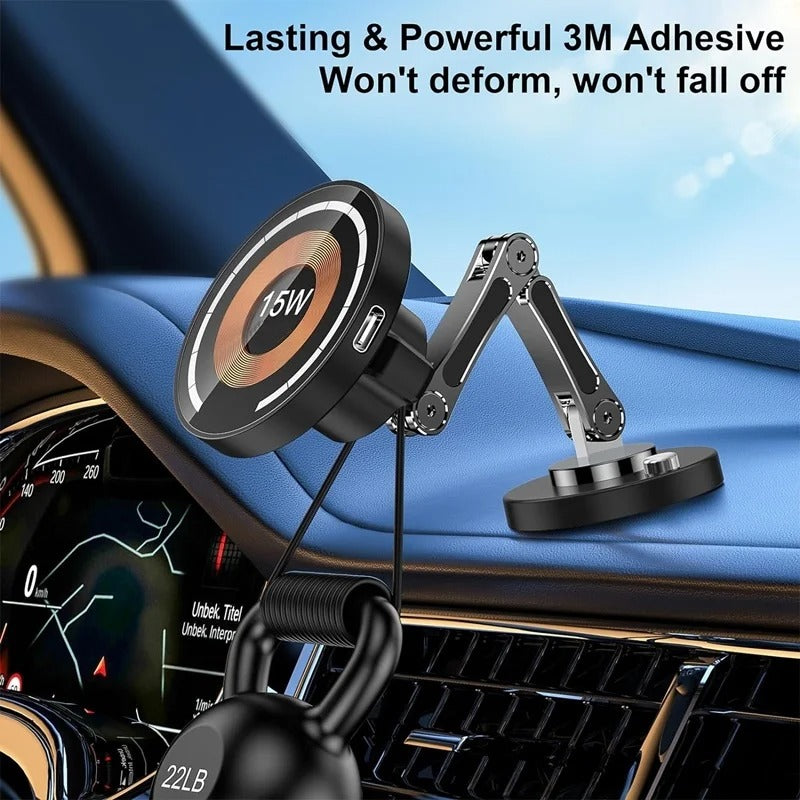 Rugged Magnetic Car Wireless Charger Stand, 15W Fast-Charge Metal Mount with 360° Rotation and Foldable Design