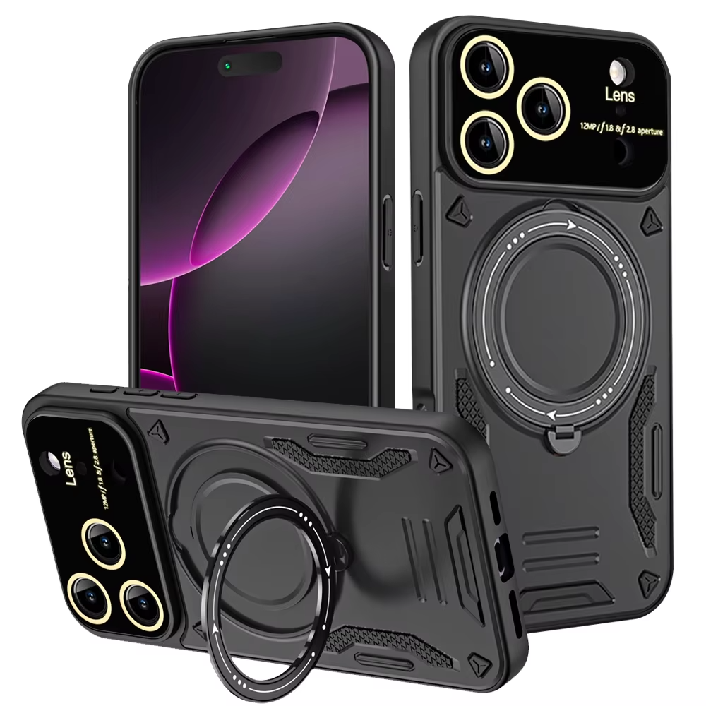 Rugged iPhone Armor Magnetic Case — 360° Rotating Holder, Shockproof Anti-Drop Protection, Lens Camera Safety, Durable Hybrid PC+TPU Cover
