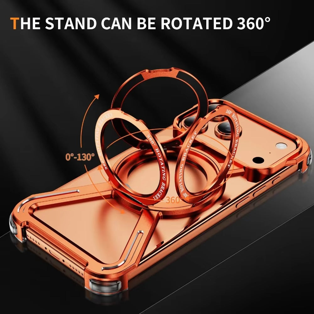 Rugged iPhone Case — Aluminum Alloy Metal Bumper Cover with 360° Rotating Magnetic Kickstand, Airbag Anti-Drop Protection and Durable Shockproof Design