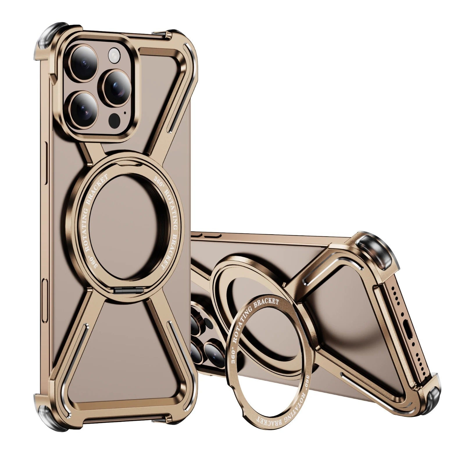 Rugged iPhone Case — Aluminum Alloy Metal Bumper Cover with 360° Rotating Magnetic Kickstand, Airbag Anti-Drop Protection and Durable Shockproof Design