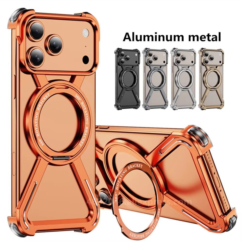 Rugged iPhone Case — Aluminum Alloy Metal Bumper Cover with 360° Rotating Magnetic Kickstand, Airbag Anti-Drop Protection and Durable Shockproof Design