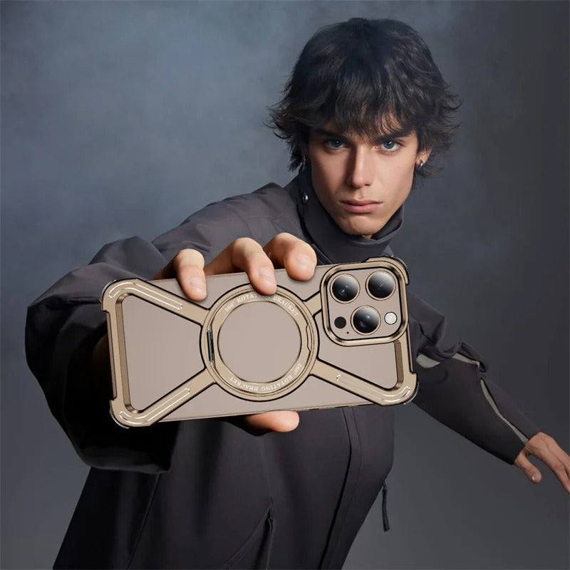 Rugged iPhone Case — Aluminum Alloy Metal Bumper Cover with 360° Rotating Magnetic Kickstand, Airbag Anti-Drop Protection and Durable Shockproof Design