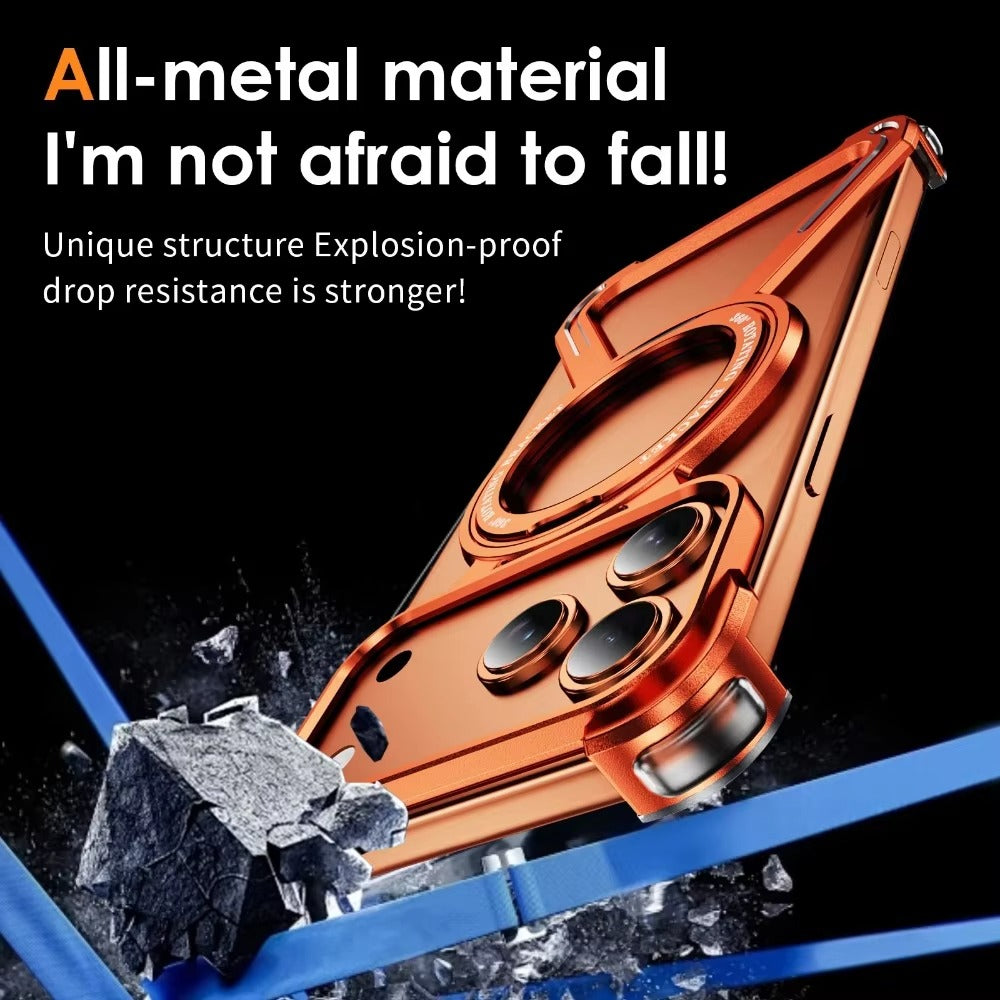 Rugged iPhone Case — Aluminum Alloy Metal Bumper Cover with 360° Rotating Magnetic Kickstand, Airbag Anti-Drop Protection and Durable Shockproof Design