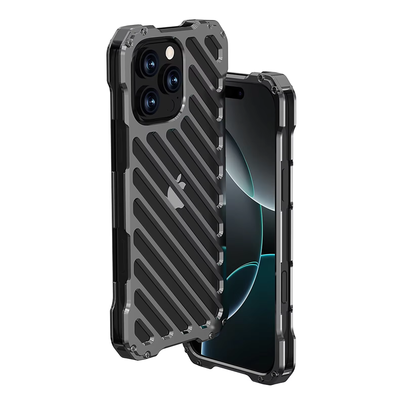 Rugged iPhone Case — Aluminum Armor Bumper with 3D Camera Lens Protective Frame, Shockproof Metal Gear Design & Transparent Hard Cover