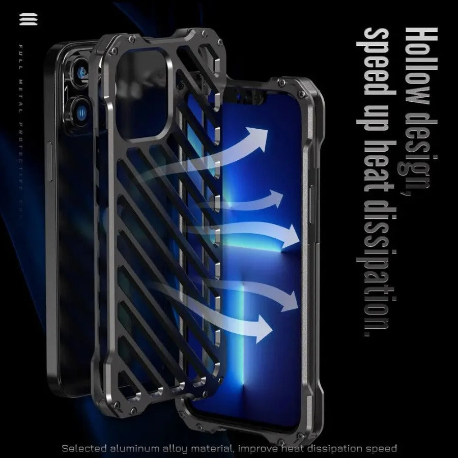 Rugged iPhone Case — Aluminum Armor Bumper with 3D Camera Lens Protective Frame, Shockproof Metal Gear Design & Transparent Hard Cover