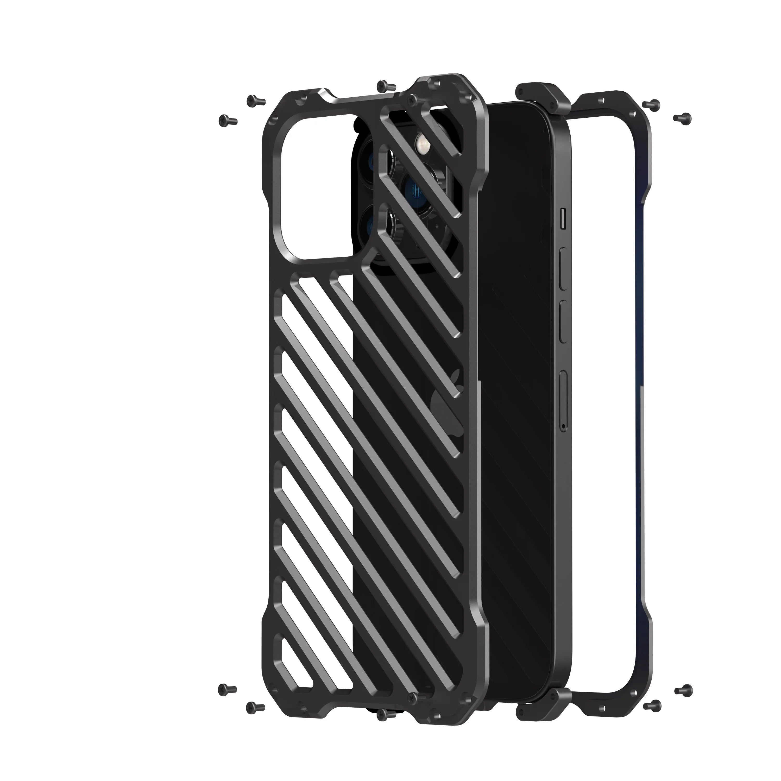 Rugged iPhone Case — Aluminum Armor Bumper with 3D Camera Lens Protective Frame, Shockproof Metal Gear Design & Transparent Hard Cover