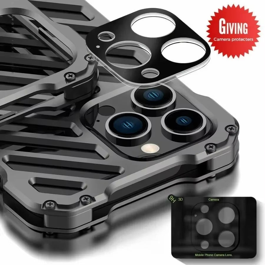 Rugged iPhone Case — Aluminum Armor Bumper with 3D Camera Lens Protective Frame, Shockproof Metal Gear Design & Transparent Hard Cover