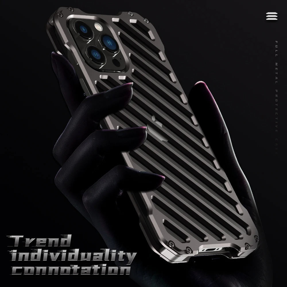 Rugged iPhone Case — Aluminum Armor Bumper with 3D Camera Lens Protective Frame, Shockproof Metal Gear Design & Transparent Hard Cover