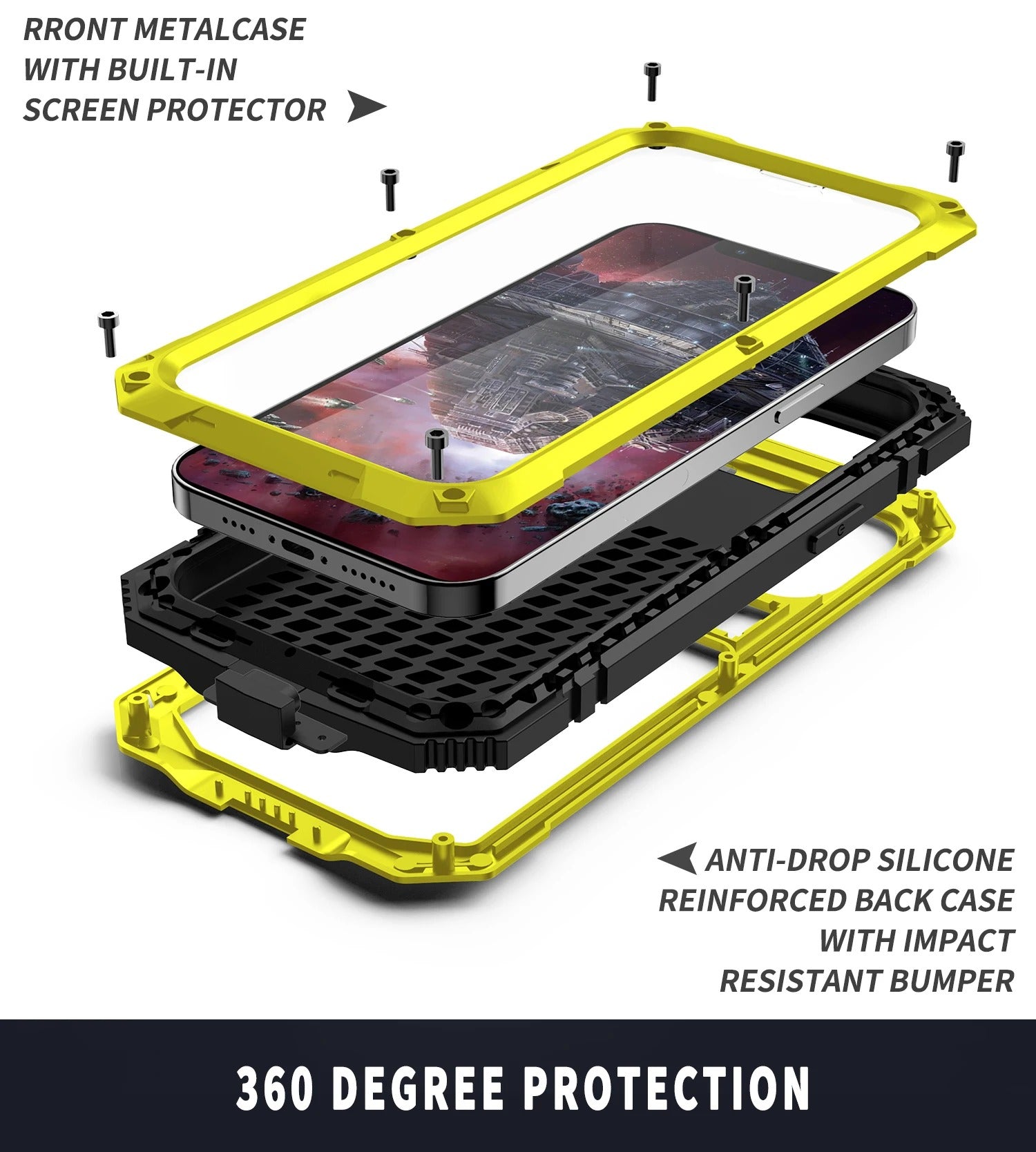 Rugged iPhone Case — Heavy-Duty Aluminum Armor Cover with Shockproof Bumper Design, Screen Guard Protection and Dustproof Anti-Fingerprint Finish