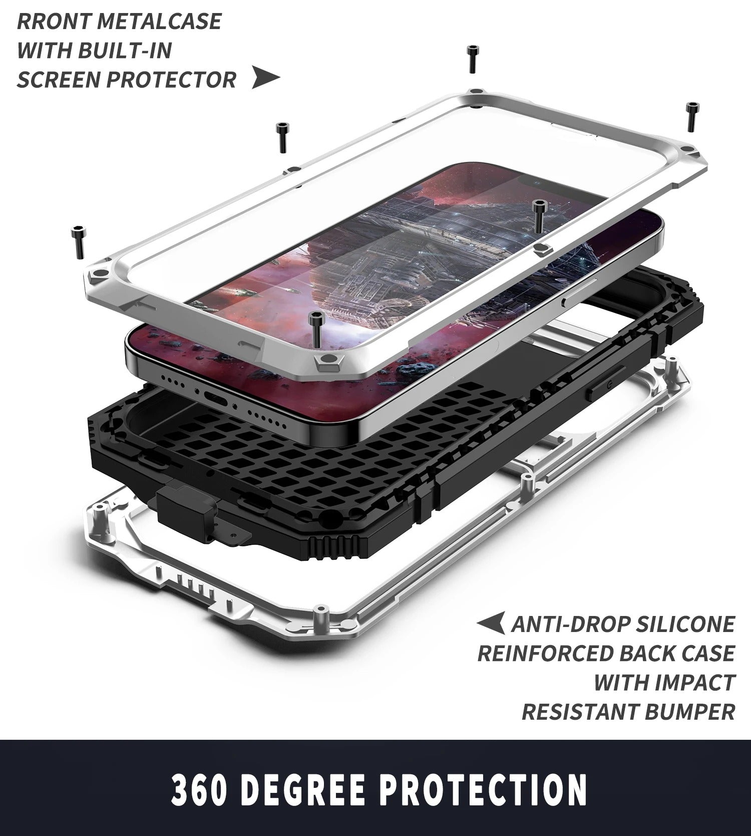 Rugged iPhone Case — Heavy-Duty Aluminum Armor Cover with Shockproof Bumper Design, Screen Guard Protection and Dustproof Anti-Fingerprint Finish