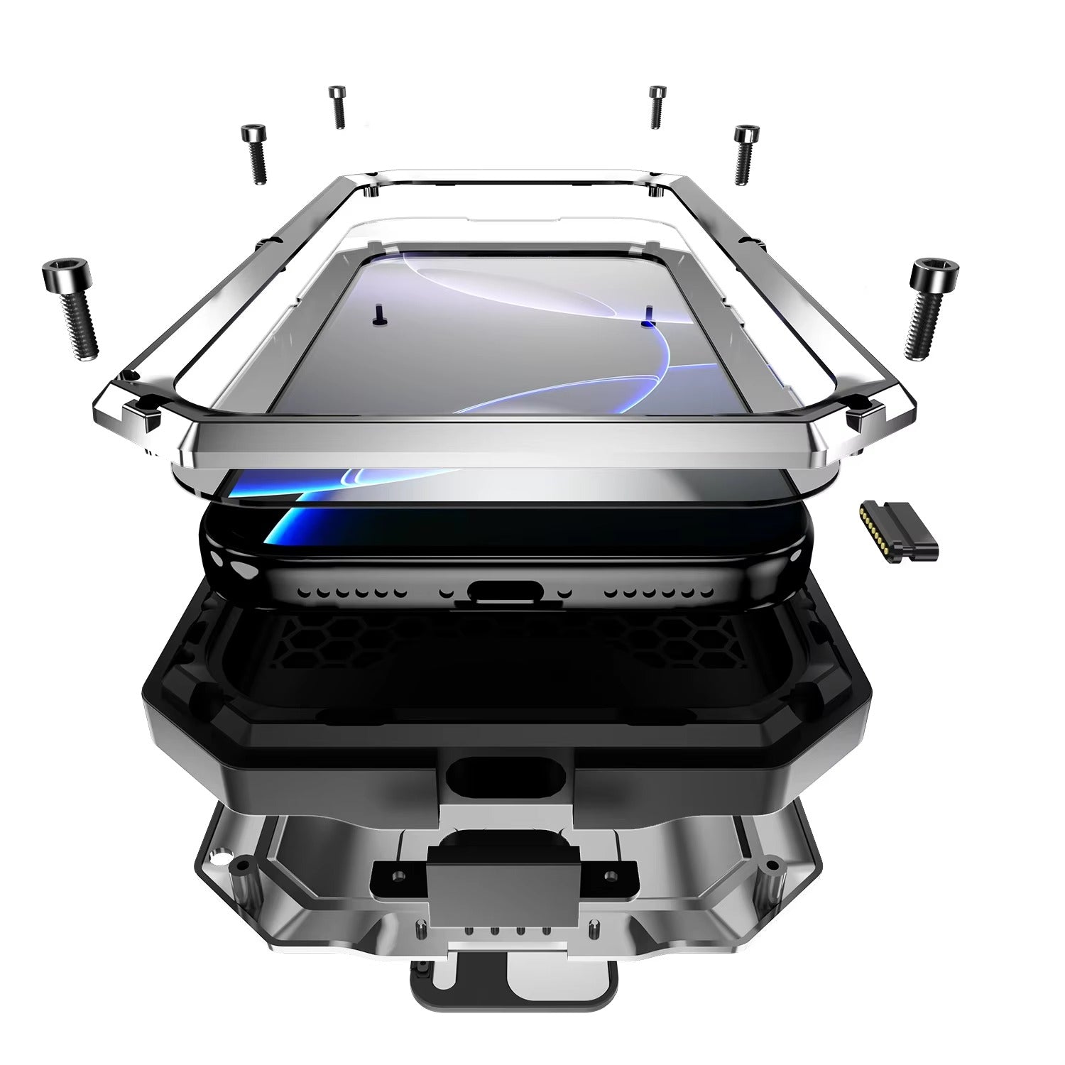 Rugged iPhone Case — Heavy-Duty Aluminum Full-Body Cover with Screen & Lens Protectors, Dual-Layer Shockproof Design, Kickstand and Dustproof Anti-Fingerprint Finish