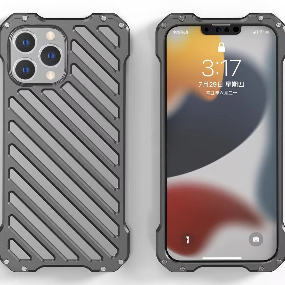 Rugged iPhone Case — Heavy-Duty Aluminum Hard Cover with Four-Corner Shockproof Metal Shell Protection & Durable Impact-Resistant Design