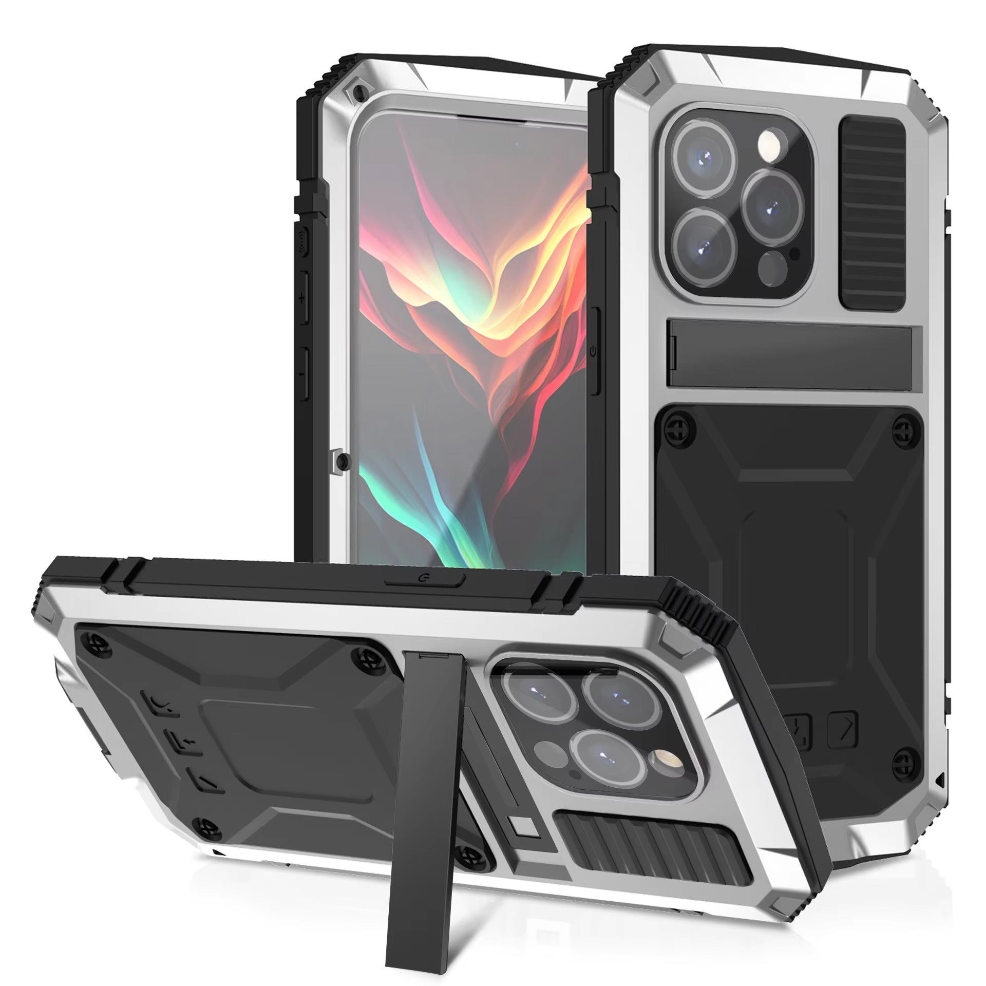 Rugged iPhone Case — Heavy-Duty Aluminum Metal Armor Cover with Tempered Glass Screen, Shockproof IP54 Water-Resistant Full-Body Protection and Kickstand