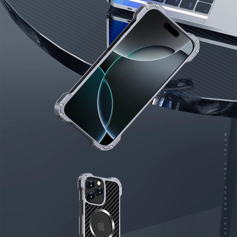 Rugged iPhone Case — Heavy-Duty Aluminum + Carbon Fiber Bumper Cover with Shockproof Design, Magnetic Heat-Dissipation Build and Lens Protector