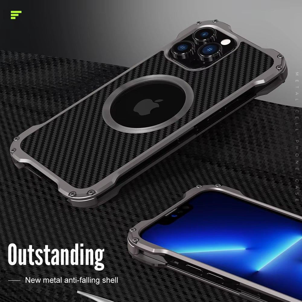 Rugged iPhone Case — Heavy-Duty Aluminum + Carbon Fiber Bumper Cover with Shockproof Design, Magnetic Heat-Dissipation Build and Lens Protector