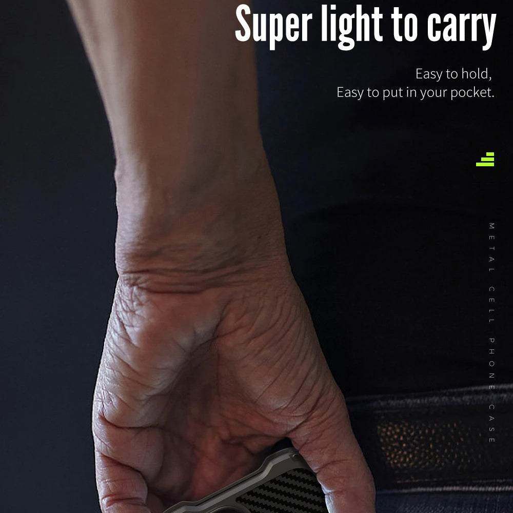 Rugged iPhone Case — Heavy-Duty Aluminum + Carbon Fiber Bumper Cover with Shockproof Design, Magnetic Heat-Dissipation Build and Lens Protector