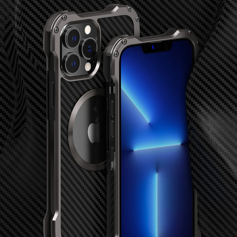 Rugged iPhone Case — Heavy-Duty Aluminum + Carbon Fiber Bumper Cover with Shockproof Design, Magnetic Heat-Dissipation Build and Lens Protector