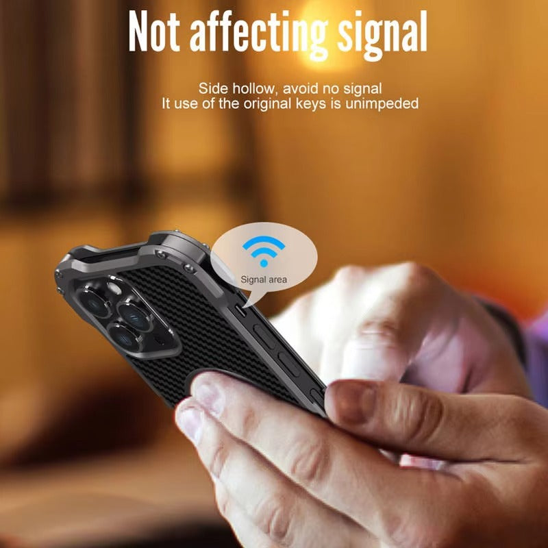 Rugged iPhone Case — Heavy-Duty Aluminum + Carbon Fiber Bumper Cover with Shockproof Design, Magnetic Heat-Dissipation Build and Lens Protector