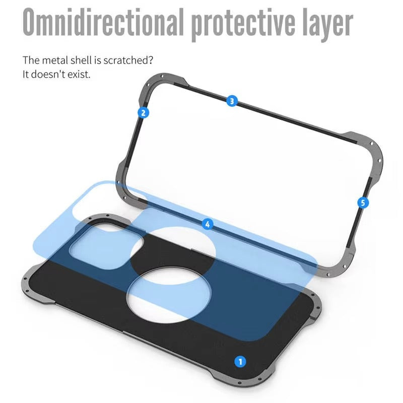 Rugged iPhone Case — Heavy-Duty Aluminum + Carbon Fiber Bumper Cover with Shockproof Design, Magnetic Heat-Dissipation Build and Lens Protector