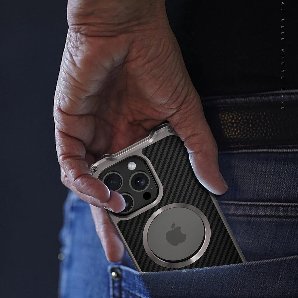 Rugged iPhone Case — Heavy-Duty Aluminum + Carbon Fiber Bumper Cover with Shockproof Design, Magnetic Heat-Dissipation Build and Lens Protector