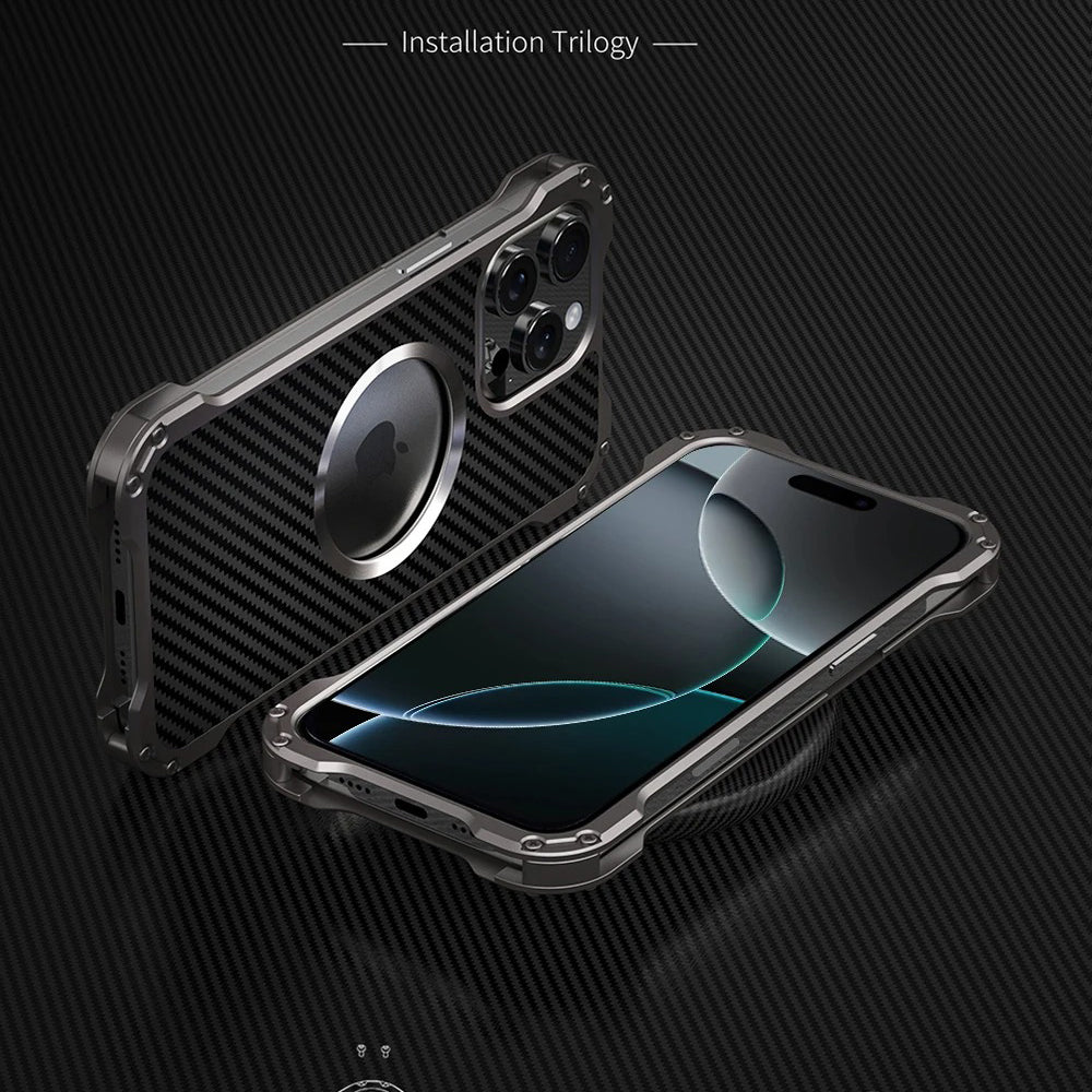 Rugged iPhone Case — Heavy-Duty Aluminum + Carbon Fiber Bumper Cover with Shockproof Design, Magnetic Heat-Dissipation Build and Lens Protector