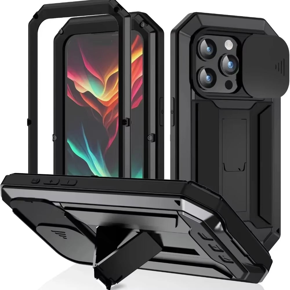 Rugged iPhone Case — Heavy-Duty Metal + Silicone Military Cover with Slide Camera Protector, Full-Body Shockproof Design, Kickstand and Screen Protection