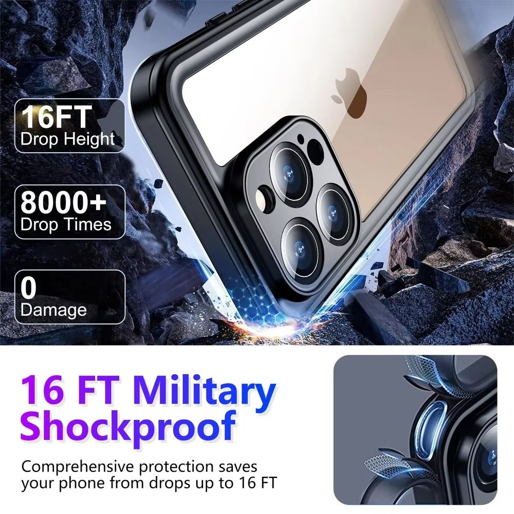 Rugged iPhone Case — IP68 Waterproof Full-Body Magnetic Cover with Built-In Screen Protector, Dual-Layer Drop Protection and 360° Dustproof Non-Slip Design